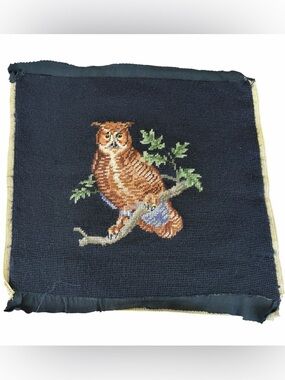 Vintage Great Horned Owl Completed Needlepoint Canvas Black Brown 15x15 GUC